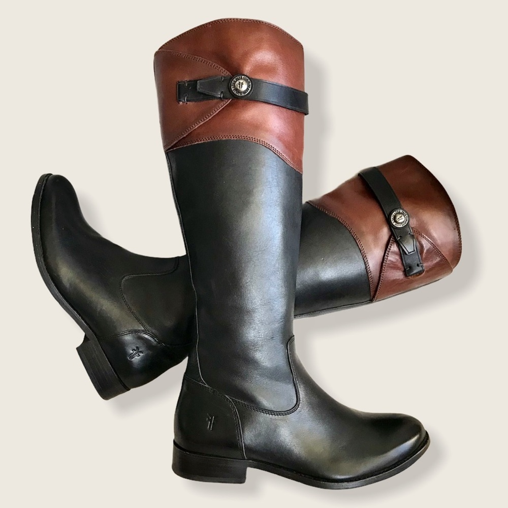 $399 Frye Molly Button Black Brown Multicolor Leather Equestrian Riding Boots - Picture 7 of 13
